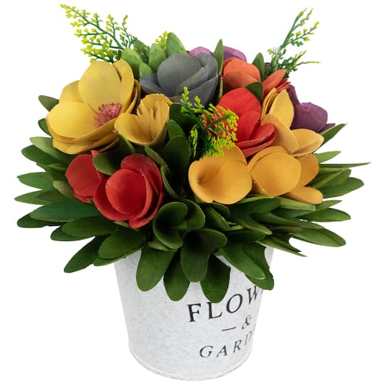 7.5" Wooden Artificial Spring Floral Arrangement with Flowers & Garden Pot